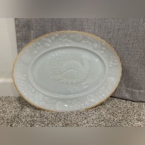 Vintage Anchor Hocking Milk Glass Serving Platter featuring an Embossed Turkey